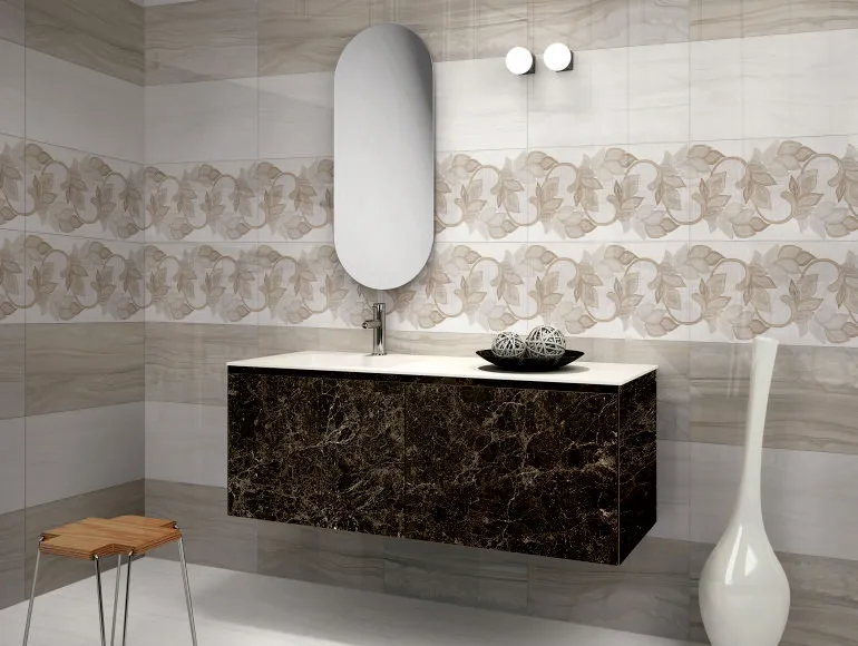 Stylish marble bathroom design with ODH Embroidery tiles, mirror, and sink